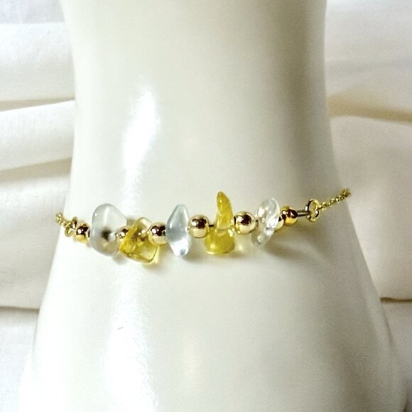 REIMAGINED Citrine & Clear Quartz Gemstone Chip Bracelet on 18K Gold Plated - Picture 1 of 7